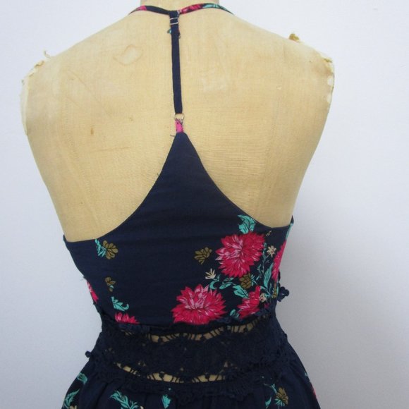 Floral Maxi Halter Racer Dress Fuchsia Navy Blue Crepe - Picture 5 of 10